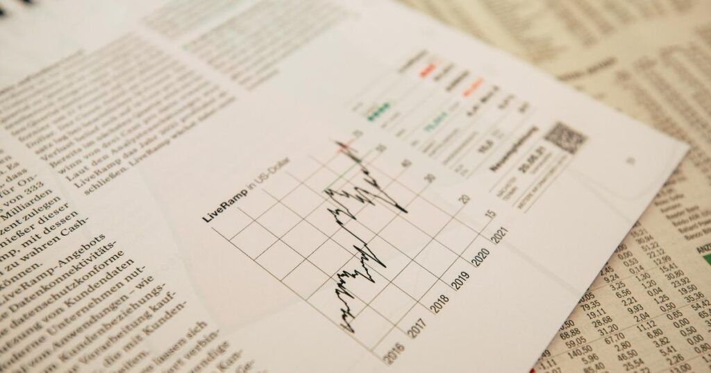 A stock market chart beside newspaper headlines showing market risk and investor discipline